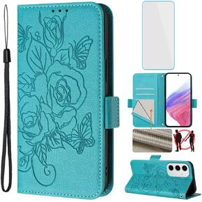 for Samsung Galaxy S24 FE 5G Phone Case Wallet and Screen Protecter RFID Blocking Card Slot Kickstand Embossed Women Cell Phone Flip Cover for Samsung S24FE Galaxy S 24 FE EF 5G Dark Blue