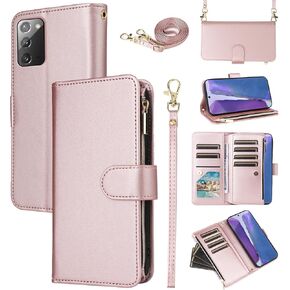Wallet Case for Samsung Galaxy Note 20 5G Wrist Strap Crossbody Shoulder Strap Leather Flip Zipper Purse Card Holder Slots Protector Phone Cover Note20 Notes 20s Twenty Not S20 Girls Purple
