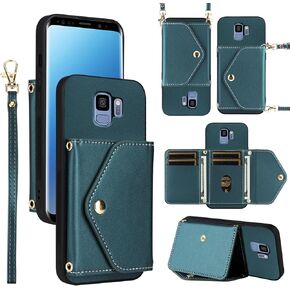 Wallet Case for Samsung Galaxy S9 with Wrist Strap Shoulder Strap Lanyard Slim Flip Purse, Leather Credit Card Holder Stand Accessories Cell Phone Cover for S 9 Edge 9S GS9 Women Men Green
