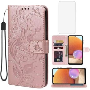 علبة Galaxy A32 4G ، Samsung A32 4G SM-A325M محفظة مع واقي شاشة زجاجية مقسمة ، غطاء هاتف بطاقة الائتمان من جلود زهرة من أجل Samsung Galaxy A32 4G Purple