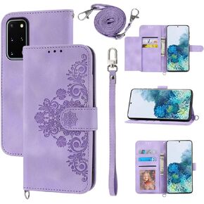 Wallet Case for Samsung Galaxy S20 Plus S20+ 5G with Wrist Strap Shoulder Strap, Embossed Leather Flip Credit Slim Cell Phone Cover for S20+5G S20plus 20S + S2O S 20 20+ G5 Women Girls Purple