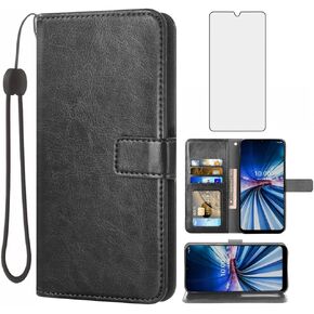 Compatible with Boost Mobile Celero 5G Plus 7 inch 2023（NOT 2024/Celero 3 5G Plus) Wallet Case Tempered Glass Screen Protector Card Holder Stand Flip Cell Accessories Phone Cover for Women Men Black
