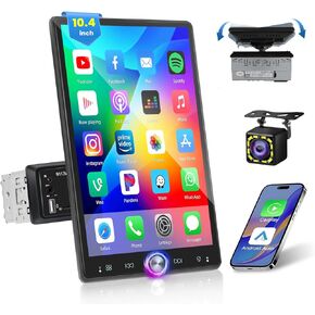 10.4 Inch Single DIN Car Stereo with Wireless Carplay Android Auto, Retractable HD Touchscreen Radio with Bluetooth FM/RDS EQ Mirror Link USB/AUX-in/TF Card Port SWC Backup Camera MIC
