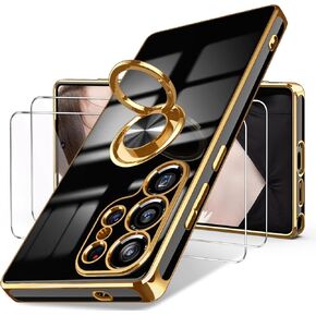 Dretal for Samsung Galaxy S25 Ultra 5G Case, 2X Screen Protector, 360°Rotatable Ring Holder Magnetic Kickstand,Plated Gold Edge Slim Soft TPU Protective Phone Cover for Galaxy S25 Ultra (Purple)