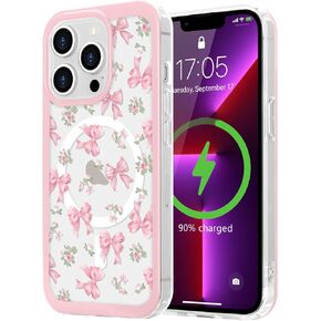 LCHULLE Magnetic for iPhone 13 Pro Max Case Cute Pink Bows [Compatible with Magsafe] Clear Ribbon Bowknot Pattern for Women Girls Hard Back Cover Shockproof Phone Case for iPhone 13 Pro Max, Rose Bows