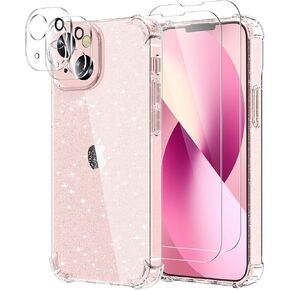KSWOUS Sparkly Glitter Clear Case for iPhone 13 Mini 5.4 Inch with Screen Protector[2 Pack] + Camera Lens Protector[2 Pack], Soft Protective Case for Women Girls Cute Shockproof Cover(Glitter)