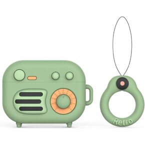 Compatible with Retro Radio AirPods Pro Case, Protective Silicone Retro Radio Skin for AirPod Pro Case Gramophone, Funny Kawaii Cute Fashion Cartoon 3D Cover for AirPods Pro with Ring (Green)