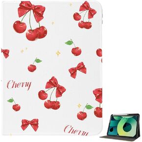 Kawaii Bowknot Cherry for iPad Air M2/Air 5/Air 4 Case (11 Inch, 2024/2022/2022) with Pencil Holder,Multi-Angle Viewing and Auto Sleep/Wake Soft Leather White Cover for iPad Air 6th/5th/4th Case
