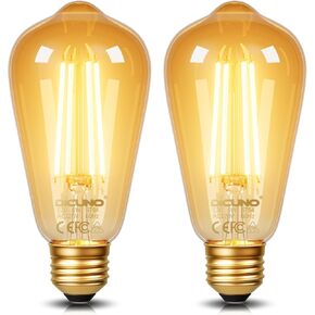 DiCUNO E26 Edison Bulbs 60W, 2200K Amber Warm, 6W LED Edison Bulb ST64, Amber Glass, Vintage LED Light for Home, 600LM, Non-Dimmable, CRI 80, Pack of 2