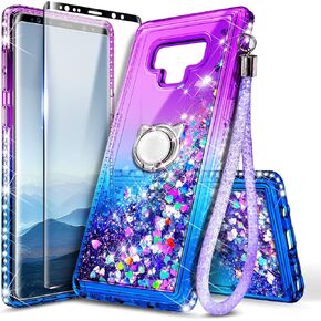 حالة لـ Samsung Galaxy Note 9 مع واقي الشاشة (الحد الأقصى للتغطية ، فيلم TPU مرن) ، حزام حامل/معصم ، سائل متدفق بريق ، نساء فتيات الأطفال لطيف/أكوا