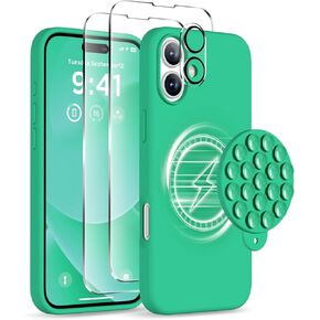 Magnetic for iPhone 16 Plus Case, Compatible with Magsafe, Suction Cup Phone Mount - 2 Screen Protectors - Camera Lens Protector, Silicone Shockproof Protective Phone Cover 6.7", Stone