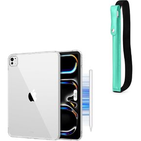 DTTO for iPad Pro 13 Inch Case M4 2024, Yellowing Resistant, Supports Pencil Pro Charge, Ultra-Thin Transparent Case with Hard PC Back and PU Leather Pencil Sleeve Pouch, Clear/Mint Green