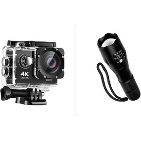 Xtreme Pro Cam 4K Action Camera - Ultra HD Waterproof Camera Video Camera with Wi-Fi, 170° Wide Angle Lens Elite Tac Flashlight, Vital Tac USA Tactical Flashlight, Battery Powered LED