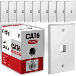 Cmple - Black Plenum Cat6 Ethernet Cable 1000ft 550MHz LAN + 1 Port Keystone Wall Plate 1 Gang Ethernet Wall Plate with Standard Size, Compatible with Keystone Jack and HDMI Keystone - White Bundle