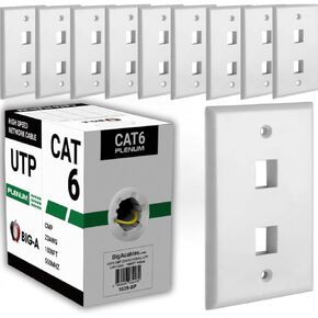 Big-A – Plenum Cat 6 Cable 1000ft Yellow 550MHz Communication + 2 Port Keystone Wall Plate 1 Gang Ethernet Wall Plate for Networking, Compatible with RJ45 and HDMI Keystone – White Bundle