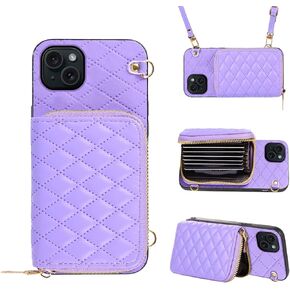 Compatible with iPhone 14 6.1 inch Zipper Wallet Case with Crossbody Shoulder Strap, 8 Card Slots and Leather Stand Full Body Cell Phone Cover for iPhone14 5G i i-Phone i14 14Case Women Purple