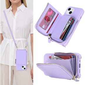 for iPhone 12 Case with Card Holder,iPhone 12 Wallet Case for Women,iPhone 12 Pro Phone Case with Strap Crossbody Chain,Zipper Cover with Coin Pocket Lanyard -Purple