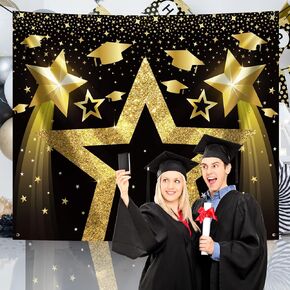 10x8ft Graduation Decorations 2025 Party Backdrop Starry Night Photo Props Black and Gold Graduation Prom Party Decorations Congrats Grad Backdrop Photo Background Baby Shower Banner