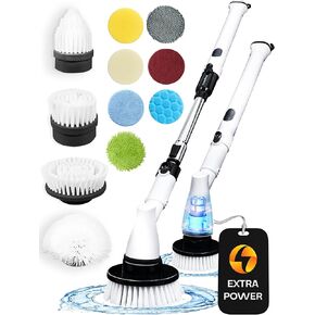 Electric Spin Scrubber Cordless - Electric Scrubber for Cleaning with 11 Replaceable Heads - Bathroom Scrubber Electric Tub Scrubber with Long Handle - Electric Cleaning Brush for Bathroom