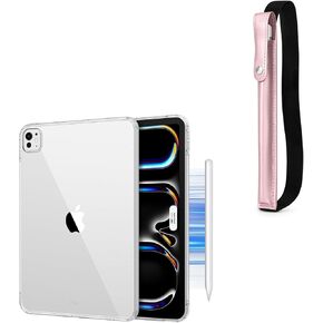 DTTO for iPad Pro 13 Inch Case M4 2024, Yellowing Resistant, Supports Pencil Pro Charge, Ultra-Thin Transparent Case with Hard PC Back and PU Leather Pencil Sleeve Pouch, Clear/Rose Gold