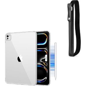 DTTO for iPad Pro 11 Inch Case M4 2024, Yellowing Resistant, Supports Pencil Pro Charge, Ultra-Thin Transparent Case with Hard PC Back and PU Leather Pencil Sleeve Pouch, Clear/Black
