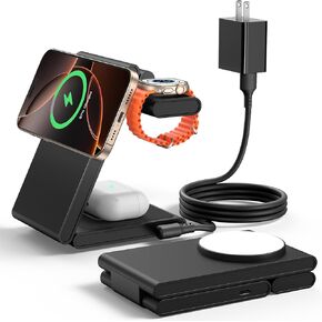 3 in 1 Magnetic Foldable Wireless Charging Station for Multiple Devices with 20W Adapter, Mag-Safe Charger Stand, for iPhone 16/15/14/13/12 Series, Apple Watch 10/Ultra2, AirPods, White