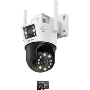 ZOSI C298 SE 6MP Dual-Lens(4MP+2MP) Wired WiFi PT Plug-in Security Camera Outdoor, 360 View Pan/Tilt Camera, Human/Vehicle Detect, Color Night Vision, Spotlight Siren, Two-Way Talk, with 64G SD Card