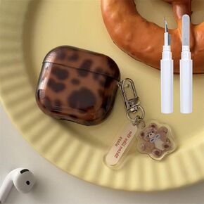 Compatible for AirPods 4 Case with Cleaner Kit Cute Cool Brown Leopard Cool Amber Tortoise Aesthetics Design Shockproof Love Keychain Cover for Girls Woman for Airpods 4nd(2024)-Amber