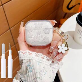 Compatible with AirPods 4 Case 2024 Flowers with Cleaner Kit Cute Keychain Cover Floral Glitter for Girls Women Airpods 4th Generation Sparkly-Clear White