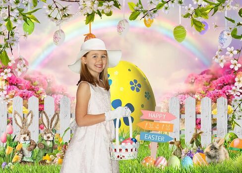 LYCGS 7x5ft Happy Easter Backdrop Easter Colorful Eggs Rabbit Flowers Grass Rainbow Photo Backdrop Kids Children's Easter Party Backdrop Easter Photography Background X-215 in Saudi Arabia