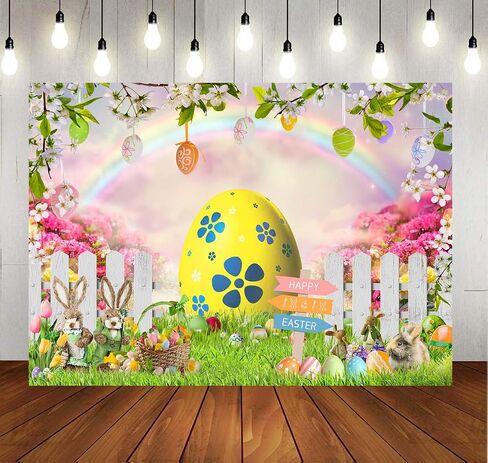 LYCGS 7x5ft Happy Easter Backdrop Easter Colorful Eggs Rabbit Flowers Grass Rainbow Photo Backdrop Kids Children's Easter Party Backdrop Easter Photography Background X-215 in Saudi Arabia