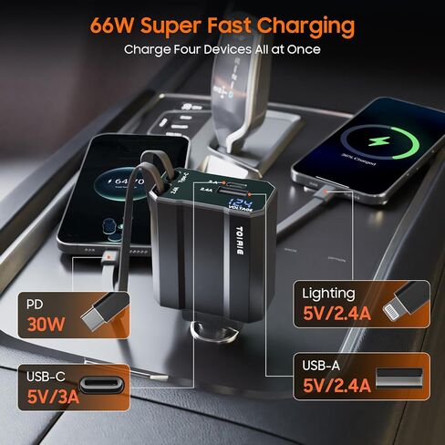 [2025 Upgraded] Toiaie Retractable Car Charger 4 in1,66W Fast Charging,Gift for Men Women, USBC Adapter for Phone 16 15 14 13 12 Samsung Android,Car Accessories in Saudi Arabia