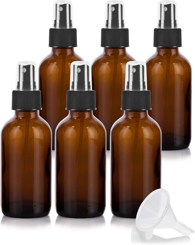JUVITUS 4 oz Amber Glass Boston Round Bottle with Fine Mist Black Spray (4 pack) + Funnel in Kuwait
