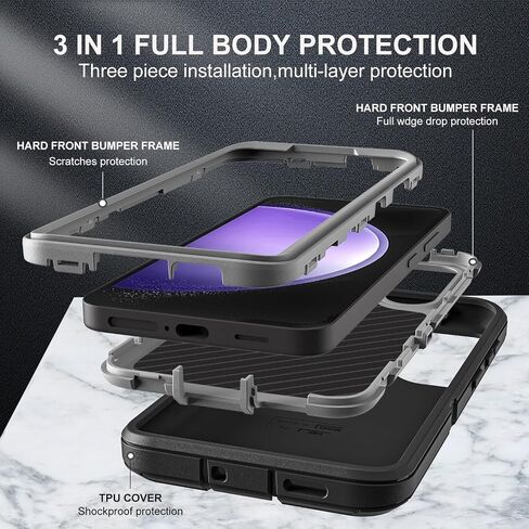 for Samsung Galaxy S23 FE Case, Military Grade 3 in 1 Heavy Duty Shockproof/Drop Proof/Dust Proof Case with 2Pcs Tempered Glass Screen Protector (Black/Grey) in Saudi Arabia