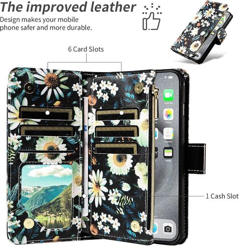 Wallet Case for Samsung Galaxy S21 Ultra 5G with Detachable Wrist Strap Crossbody Shoulder Strap Flower Leather Flip 6+ Card Slots Zipper Purse Phone Cover S21ultra 21S S 21 21ultra G5 Black in Saudi Arabia