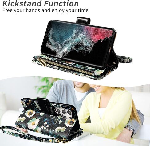 Wallet Case for Samsung Galaxy S21 Ultra 5G with Detachable Wrist Strap Crossbody Shoulder Strap Flower Leather Flip 6+ Card Slots Zipper Purse Phone Cover S21ultra 21S S 21 21ultra G5 Black in Saudi Arabia