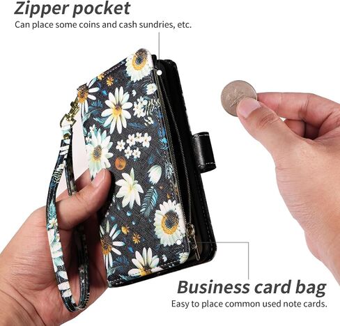 Wallet Case for Samsung Galaxy S21 Ultra 5G with Detachable Wrist Strap Crossbody Shoulder Strap Flower Leather Flip 6+ Card Slots Zipper Purse Phone Cover S21ultra 21S S 21 21ultra G5 Black in Saudi Arabia