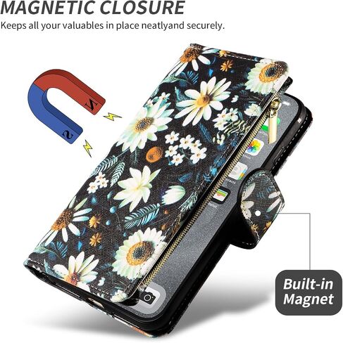 Wallet Case for Samsung Galaxy S21 Ultra 5G with Detachable Wrist Strap Crossbody Shoulder Strap Flower Leather Flip 6+ Card Slots Zipper Purse Phone Cover S21ultra 21S S 21 21ultra G5 Black in Saudi Arabia