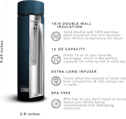 Here & Now Tea Infuser Bottle | Water Bottle With Tea Infuser Set | Stainless Steel Tea Infuser Travel Mug | Tea Bottle With Infusers For Loose Tea (Midnight Teal) in Kuwait