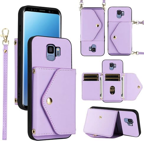 حقيبة محفظة لـ Samsung Galaxy S9 مع حزام الكتف حزام معصم الحبل المحفظة النحيفة ، حامل بطاقة الائتمان الجلدية ، غطاء الهاتف الخلوي لـ S 9 Edge 9S GS9 النساء الأخضر in Saudi Arabia