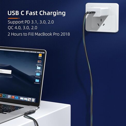 USB C 90 Degree Right Angle Cable 3.3ft 2-Pack, 240W PD Fast Charging 40Gbps Data Transfer 8K/4K Video USB C Cable for Thunderbolt 4/3 MacBook for iPhone 15 iPad Samsung Galaxy Other Type C Devices in Kuwait