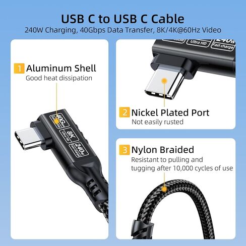 USB C 90 Degree Right Angle Cable 3.3ft 2-Pack, 240W PD Fast Charging 40Gbps Data Transfer 8K/4K Video USB C Cable for Thunderbolt 4/3 MacBook for iPhone 15 iPad Samsung Galaxy Other Type C Devices in Kuwait