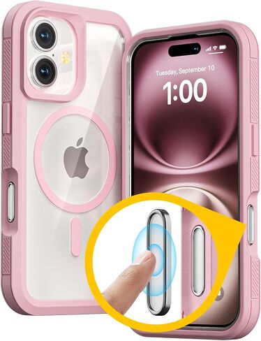 for iPhone 16 Plus Case with Camera Control Capture Button, [Compatible with MagSafe], Heavy Duty Shockproof Protection, Transparent Magnetic Phone Case for iPhone 16 Plus, 6.7 inch, Pink in Saudi Arabia