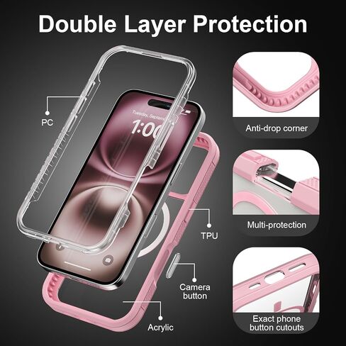for iPhone 16 Plus Case with Camera Control Capture Button, [Compatible with MagSafe], Heavy Duty Shockproof Protection, Transparent Magnetic Phone Case for iPhone 16 Plus, 6.7 inch, Pink in Saudi Arabia