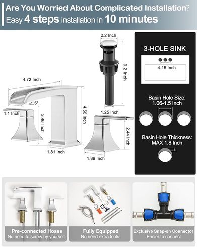 Oil Rubbed Bronze Bathroom Faucet 3 Hole, 4-16 Inch Brass Waterfall Faucet for Bathroom Sink, 2 Handle Vanity Bathroom Faucets with Pop-up Drain and Supply Hoses in Kuwait