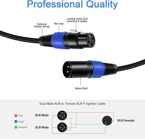 2 Pack XLR Splitter Cable 1.6 FT, 1 XLR Male to 2 XLR Female Patch Y Cable, Balanced Microphone Splitter Cord Audio Adaptor, Used for Microphone, Effector, Mixer, Equelizer, DMX LED, Amplifier, Guitar in Kuwait