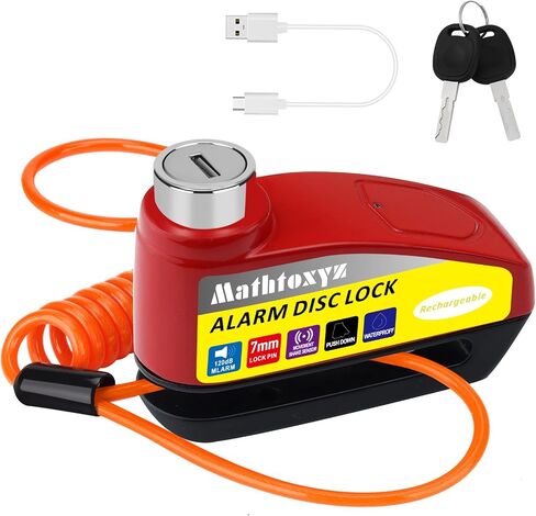 Motorcycle Lock Rechargeable, 120dB Alarm Disc Brake Locks Anti-Theft Security Wheel Disc Lock Waterproof with 5ft Reminder Cable and Carry Pouch for Motorbike Bike Scooter in Saudi Arabia