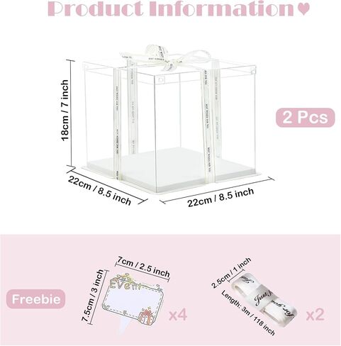 Clear Cake Box, 2 Pcs Transparent Cake Carrier Box with Lids, 8'' PET Cake Packaging Boxes with Ribbon Gift Card for Pastries, Clear Gift Boxes for Birthday, Wedding and Festival Party, White. in Kuwait