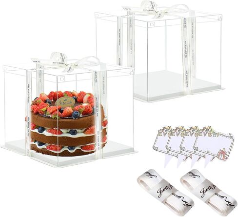 Clear Cake Box, 2 Pcs Transparent Cake Carrier Box with Lids, 8'' PET Cake Packaging Boxes with Ribbon Gift Card for Pastries, Clear Gift Boxes for Birthday, Wedding and Festival Party, White. in Kuwait