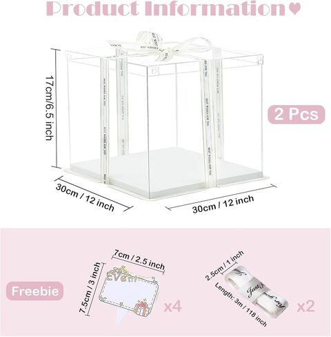 Clear Cake Box, 2 Pcs Transparent Cake Carrier Box with Lids, 8'' PET Cake Packaging Boxes with Ribbon Gift Card for Pastries, Clear Gift Boxes for Birthday, Wedding and Festival Party, White. in Kuwait